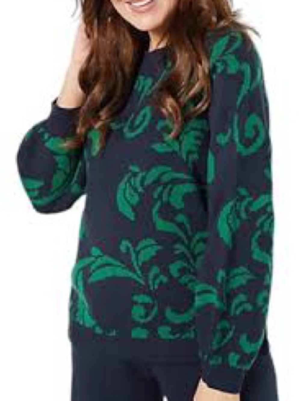 G.I.L.I. Navy Crewneck Sweater with Emerald Scroll Print